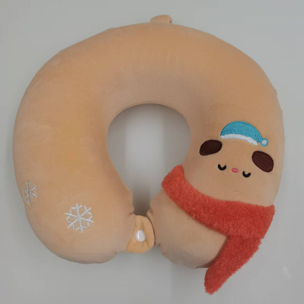 Ours mignon avec écharpe rouge et bonnet de sommeil Oreiller de cou UShaped