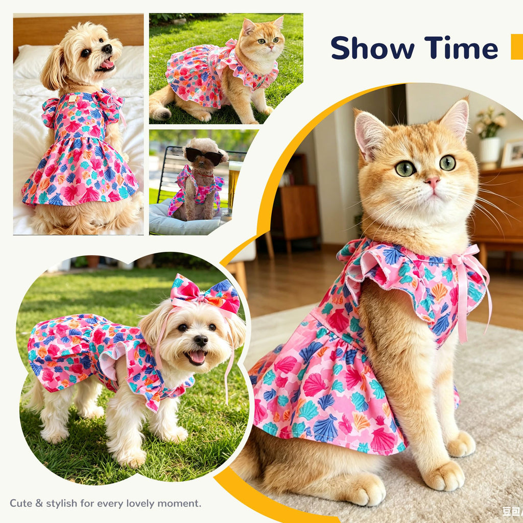 Cute Floral Small Dog Harness Dress with Bow & Leash D-Ring