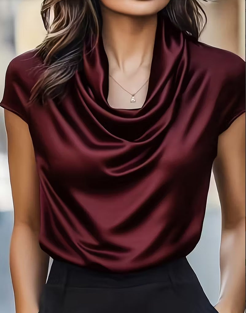 Pendentif pendentif en col pivotant pour femmes Manches courtes Top Chemise polyvalente décontractée