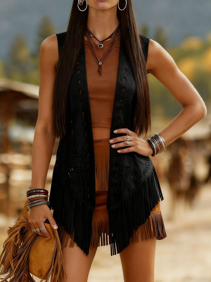 Femmes Rétro tendance Veste de Tassel All-Match Hollowed Out