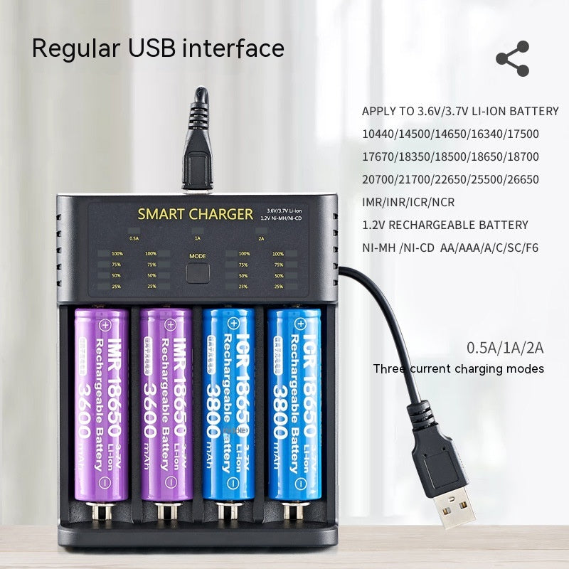 18650 Chargeur 4 Slot USB Lithium Ion 37V Batterie Aani-mh 12V Batterie à courant élevé 2A Charg