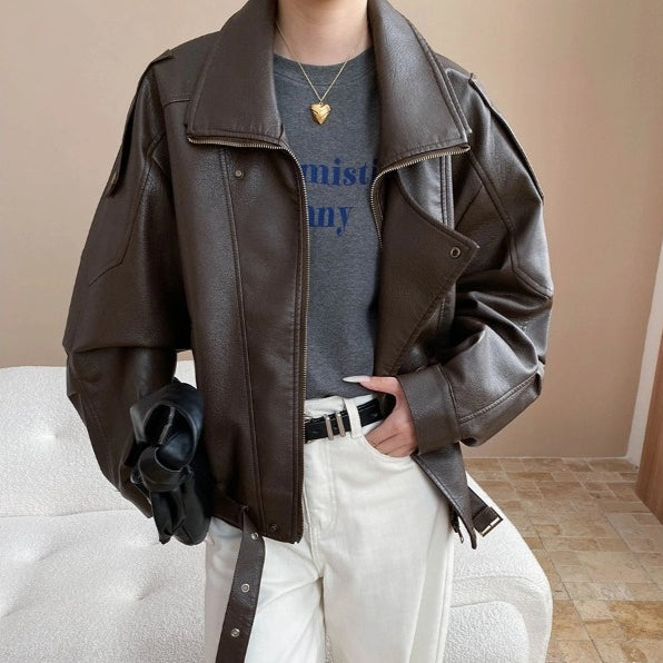 Veste en cuir Lapel Loose Biker style américain