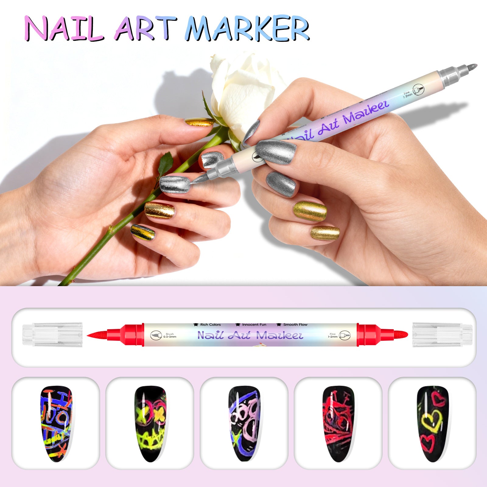 Stylo à ongles Art Graffiti 12 couleurs imperméable à l'eau Stylo à ongles acrylique à séchage rapide