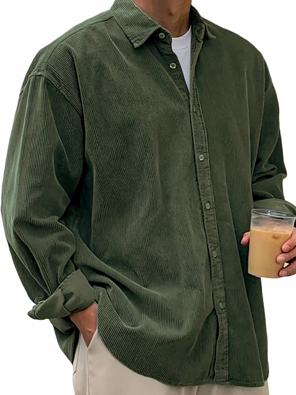 European And American Men's Casual Loose Solid Color Corduroy Lapel Shirt Indépendant Site