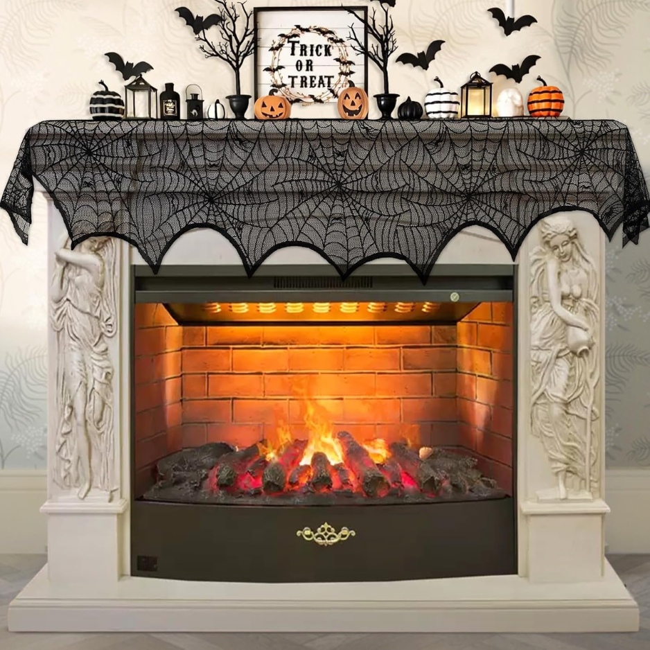 Dentelle noire Spiderweb cheminée manteau couverture écharpe 18 X 96 Spooky Halloween Cobweb Table Ru