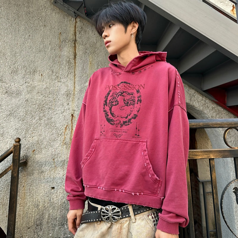 Teinture lavée et stressée courte large Hoodie avec un capot