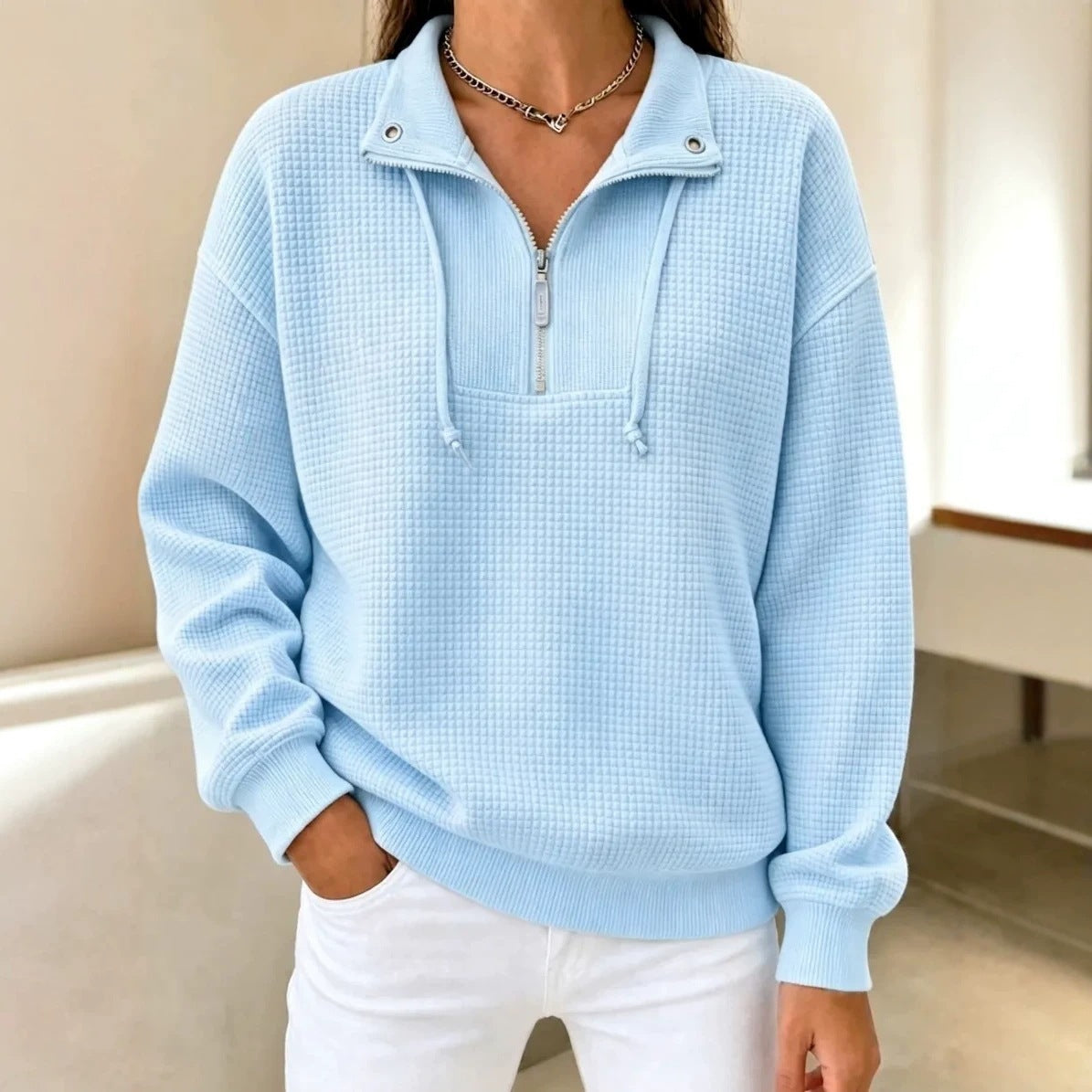 Sweat-shirt femme à manches longues à fermeture à glissière en couleur solide d'automne