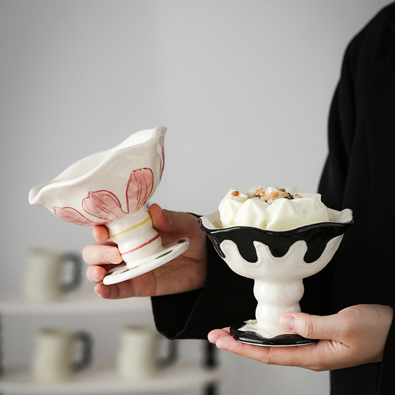 Underglaze Décoré Céramique High Footed Cup Ice Cream Bowl Dessert Cup