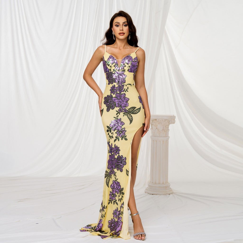 Robe de soirée à fente pailletée à gaine mince à col V