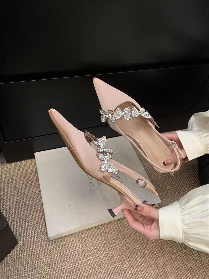 Femmes Élégant papillon Strass pointe d'orteil Dos Sandales de cheville coupées