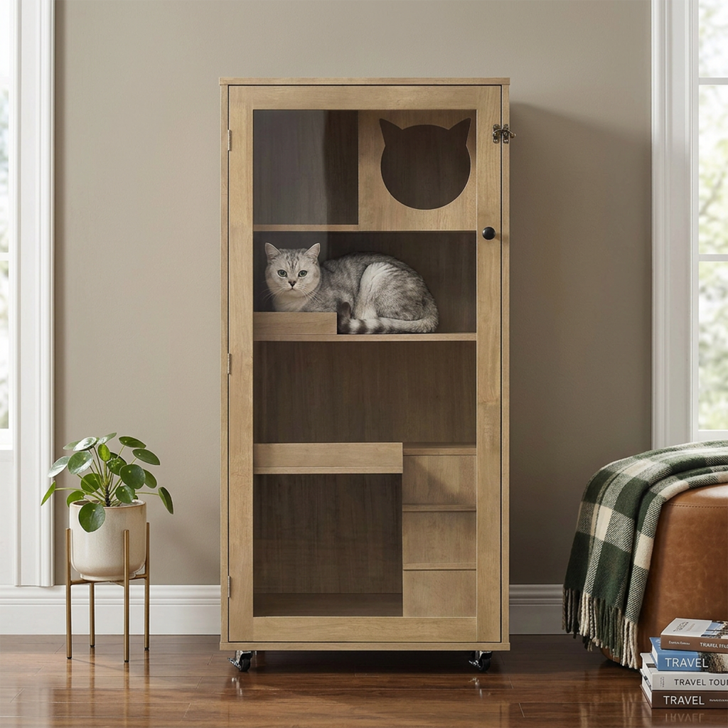 Armoire de chat en bois de caoutchouc Basia avec roues