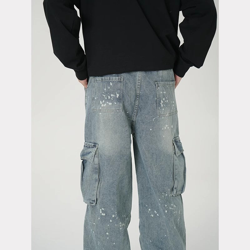 Pantalon de travail lavé en denim à jambes larges pour hommes avec de grandes poches
