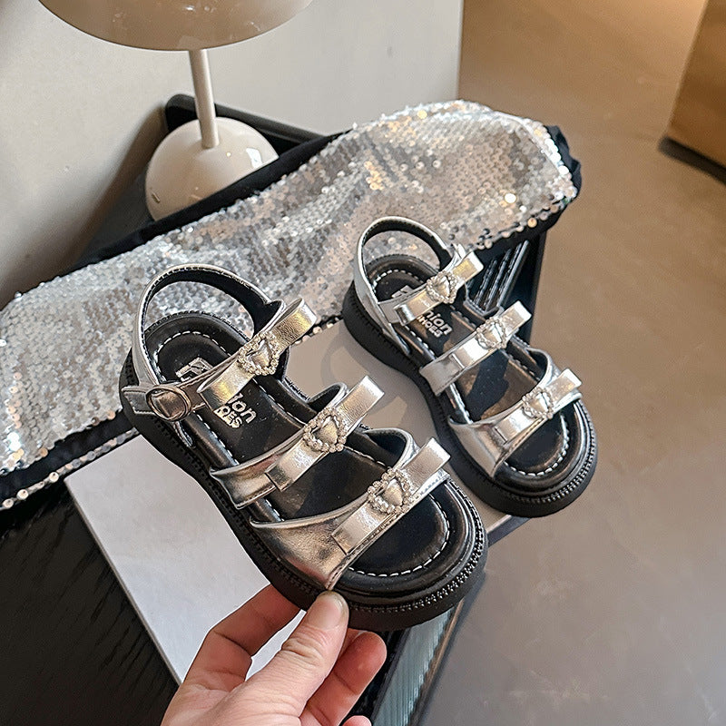 Sandales en strass pour enfants à cœur mignon à couleur solide