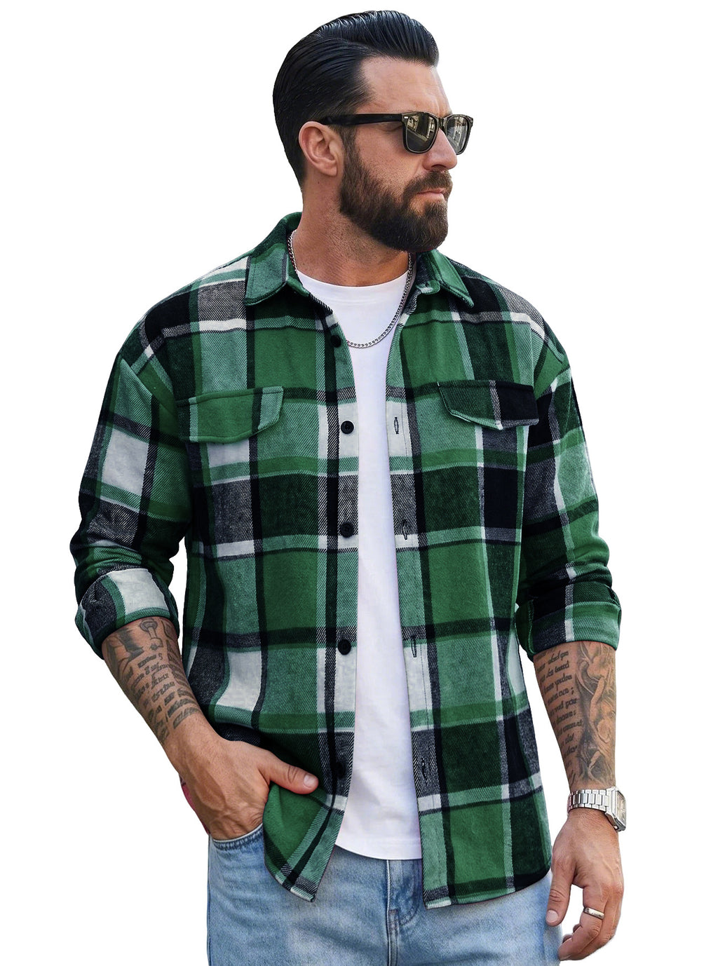 Men's Lapel-collar Plaid Cardigan with Pockets Casual Long Sleeve Shirt