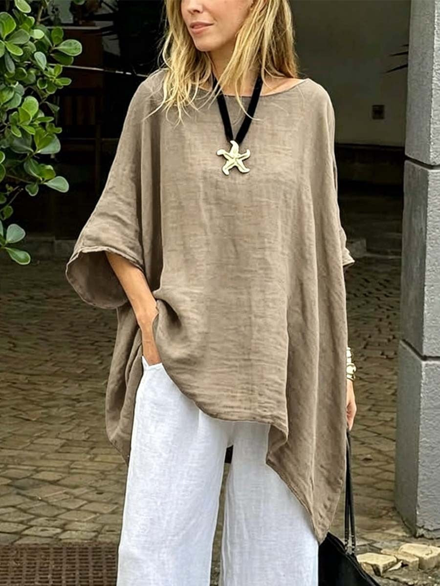 European and American Women's Clothing Summer Amazon Solid Color Loose Round Neck Cotton-l