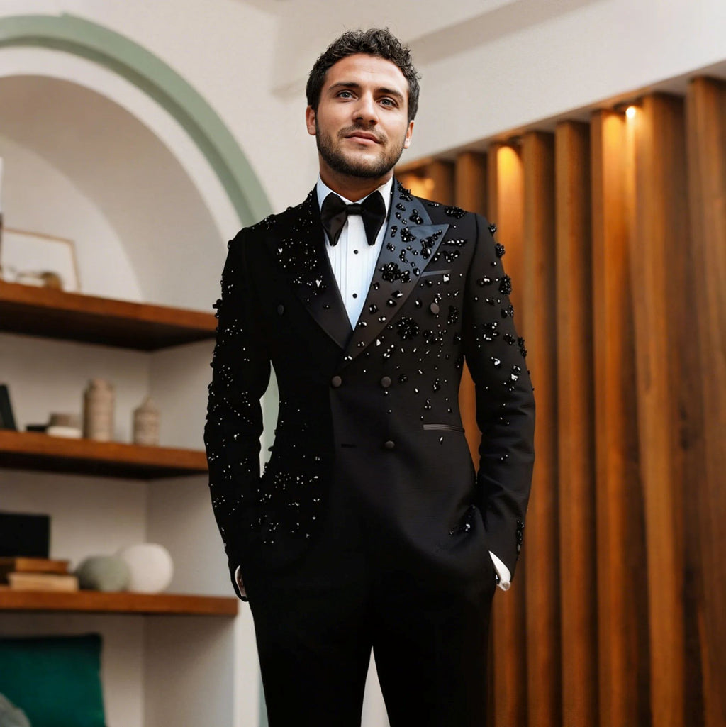 Hommes Black Satin Peak Lapel Strass & 3D Floral Embellished Double Breasted Tuxedo Deux-P