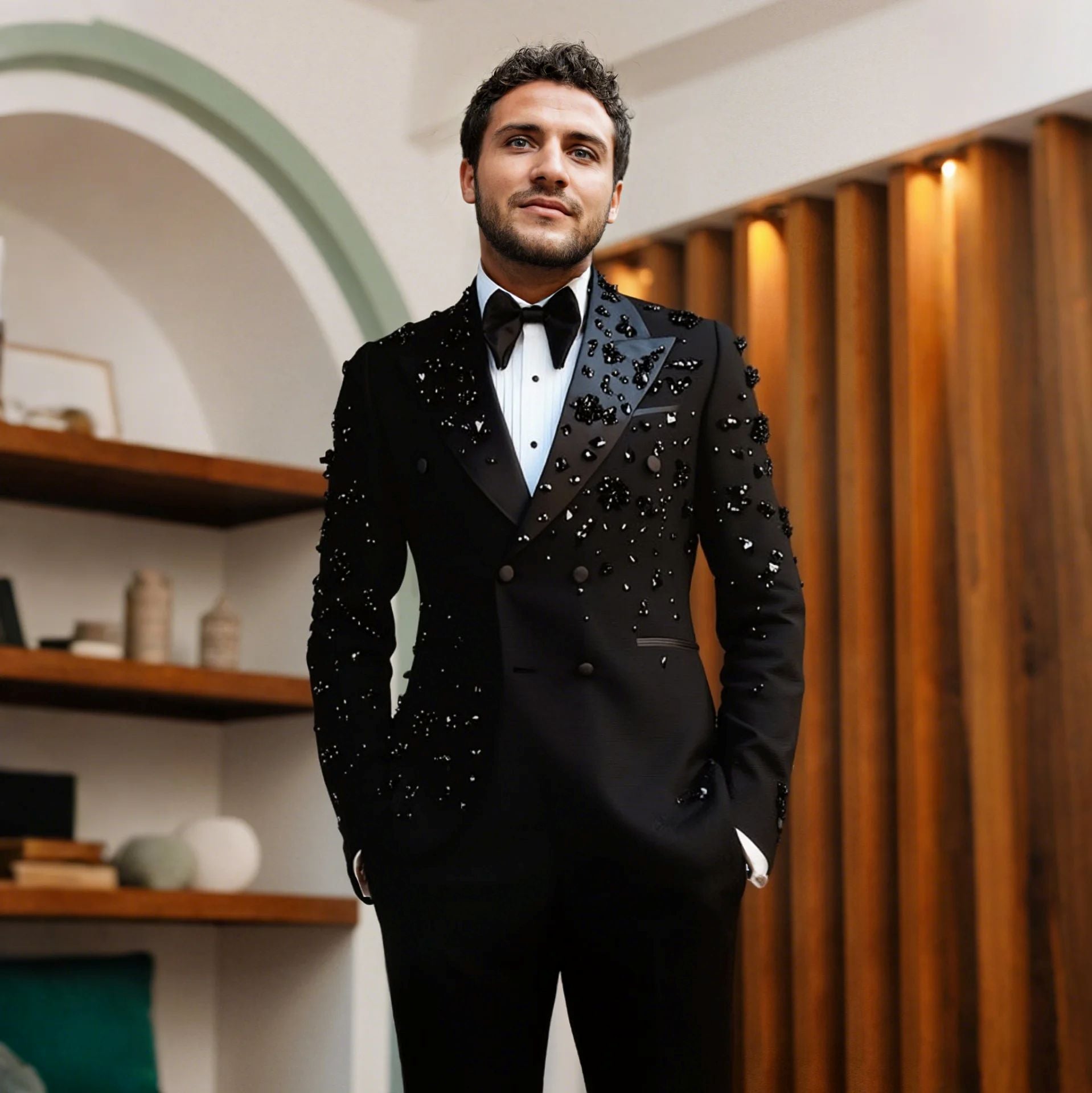 Hommes Black Satin Peak Lapel Strass & 3D Floral Embellished Double Breasted Tuxedo Deux-P