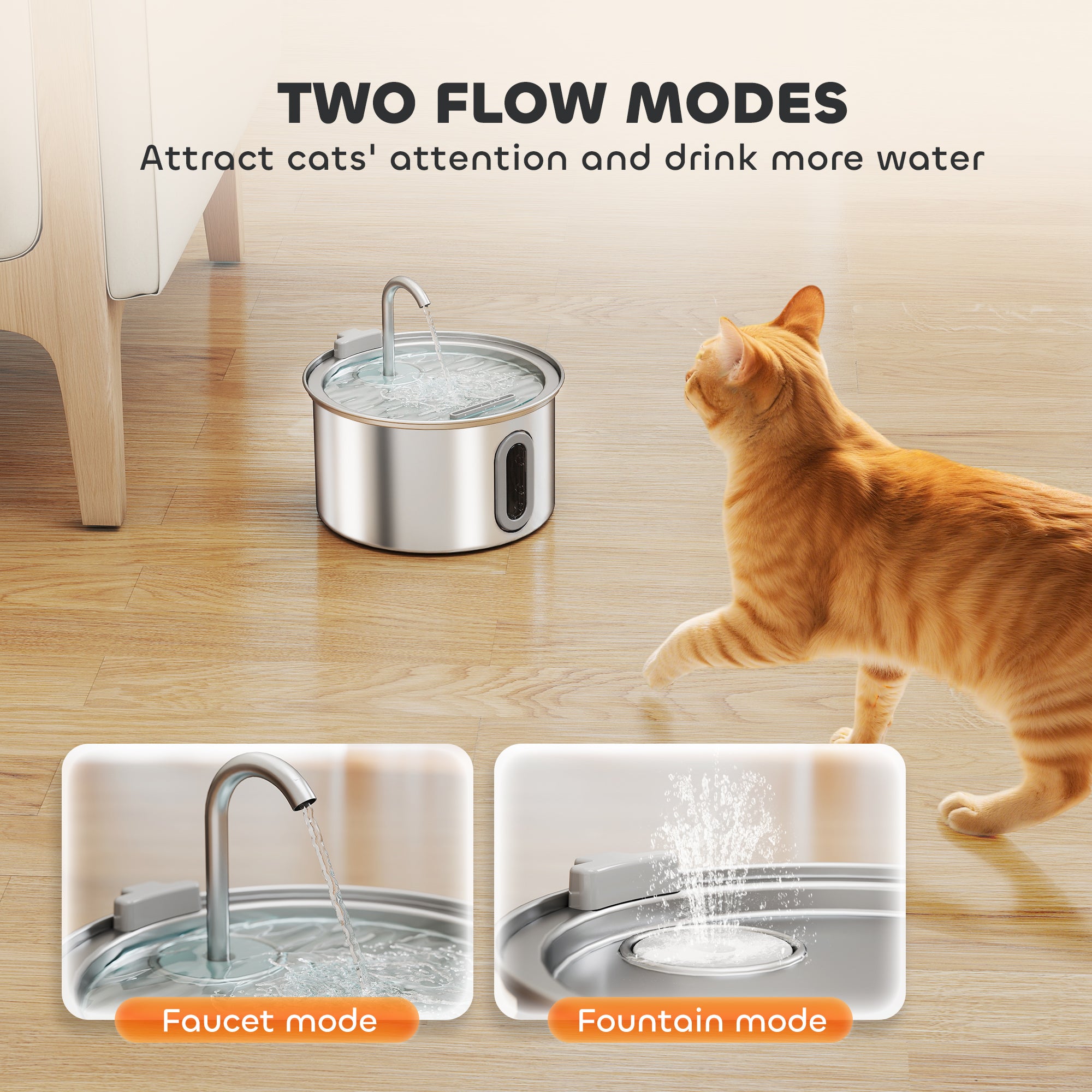 Fontaine d'eau de chat en acier inoxydable 2,5L avec fenêtre de niveau d'eau de pompe ultra silencieux et 7 fils