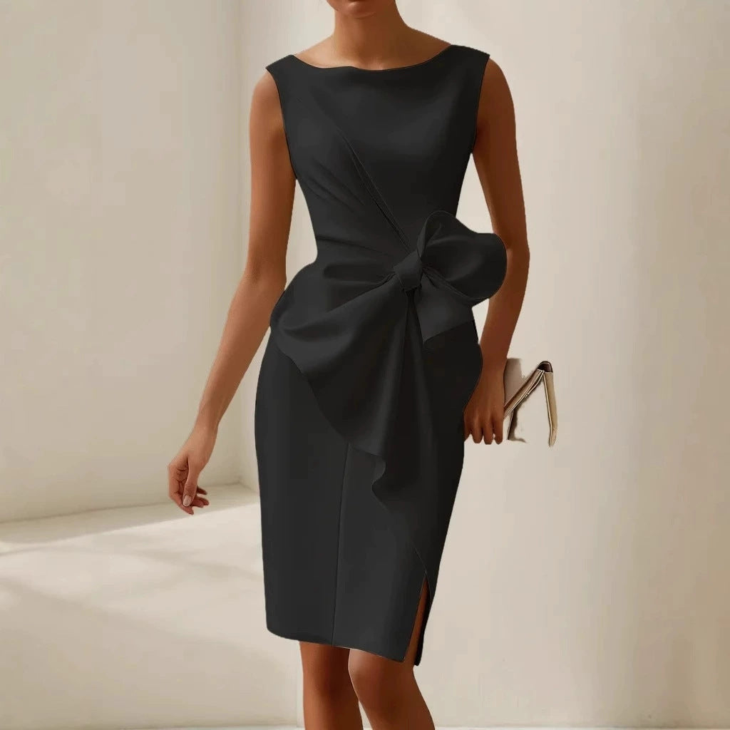 European And American Women's Bow Décoration Robe sans manches Robe courte S