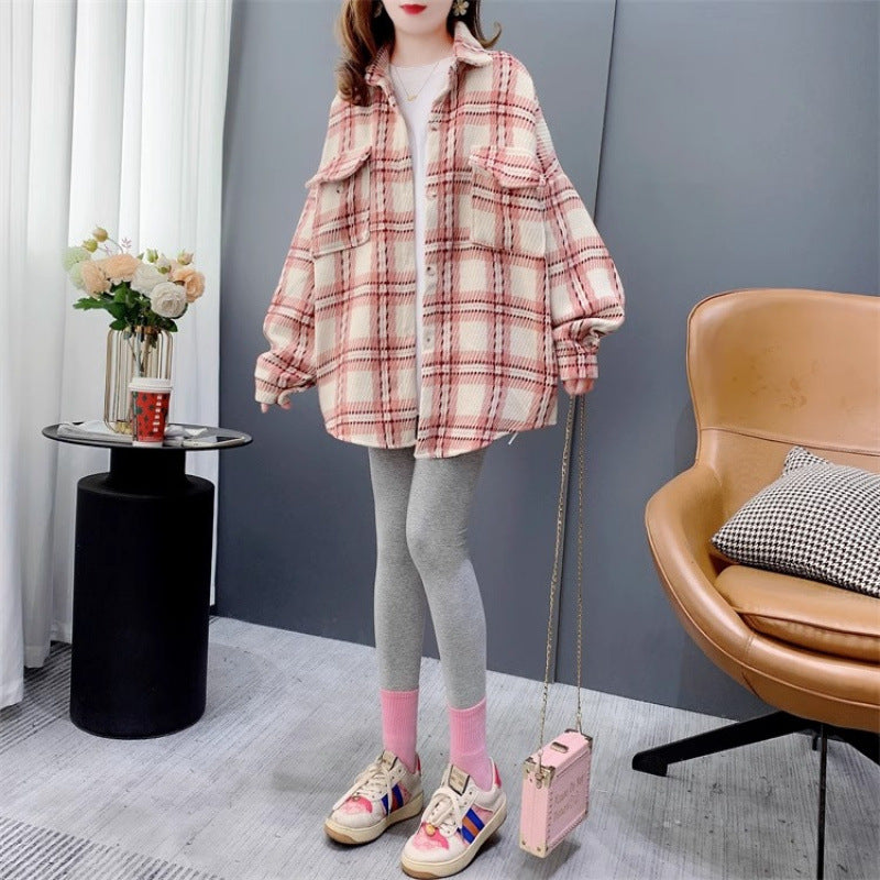 Chemise en Plaid Brossé épais pour femmes Automne et hiver
