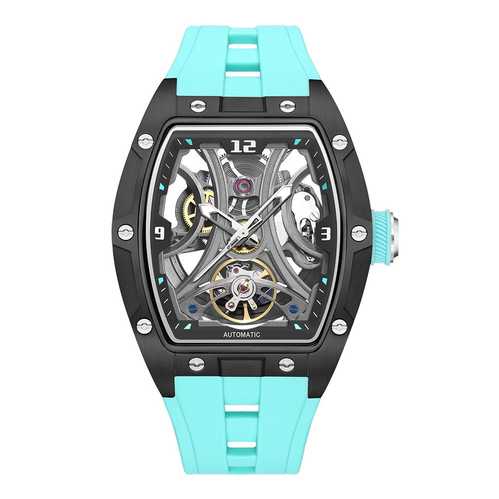Montre en forme de barrique avec un boîtier en acier Mouvement automatique à squelette complet