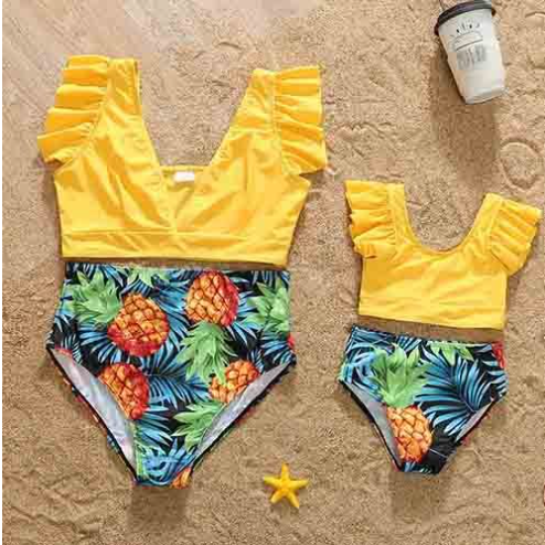 Maillot de bain parent-enfant Maternelle-fille Robe Couleur Solide Col V Une pièce