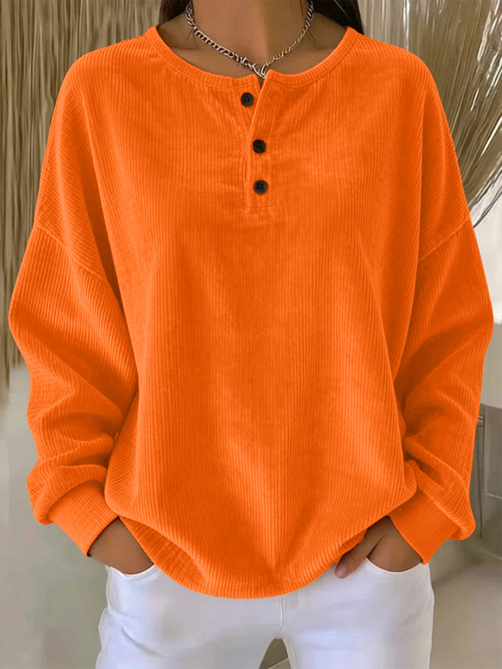 Sweat-shirt à boutons en couleur unie pour femmes