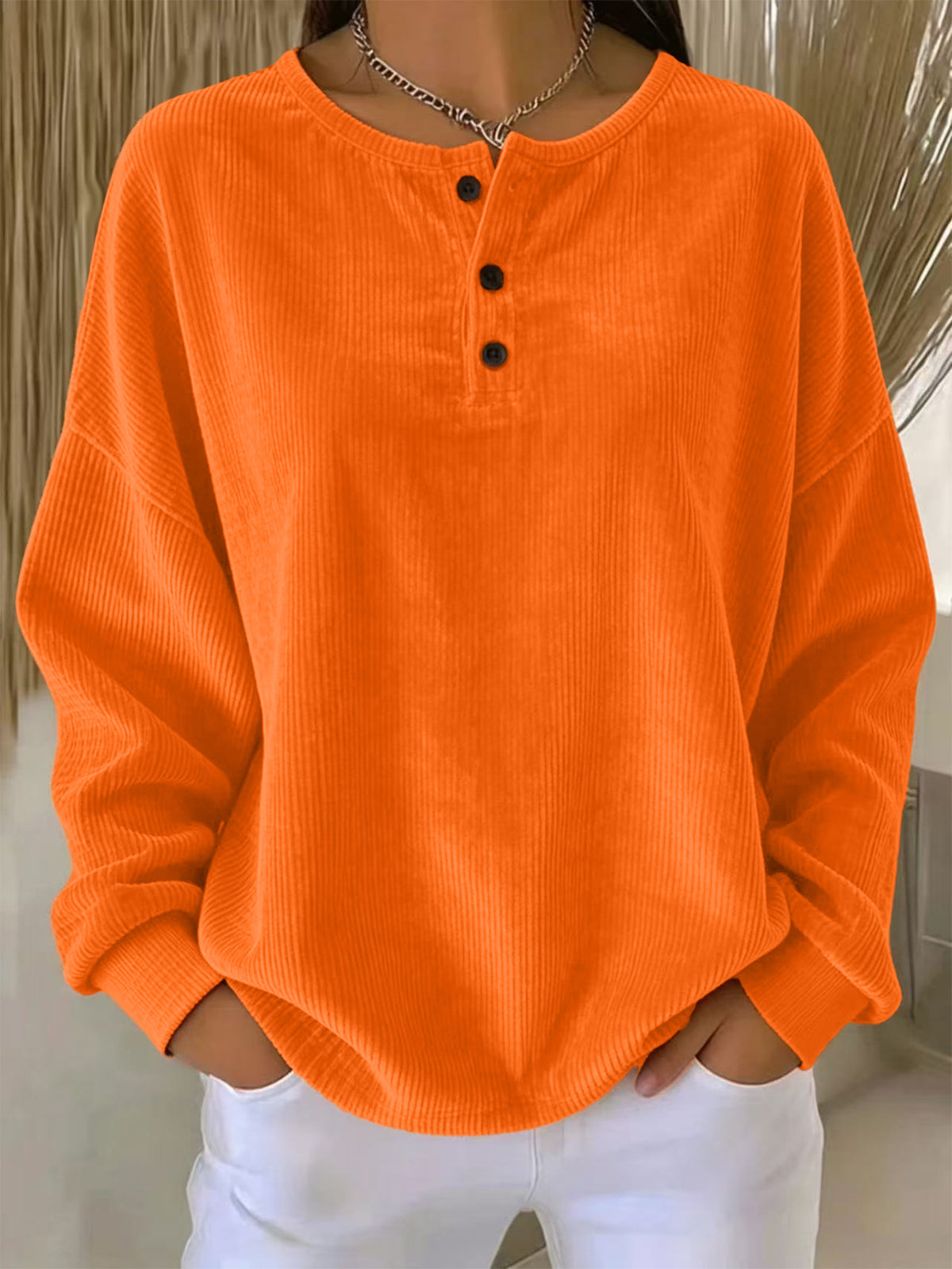 Sweat-shirt à boutons en couleur unie pour femmes