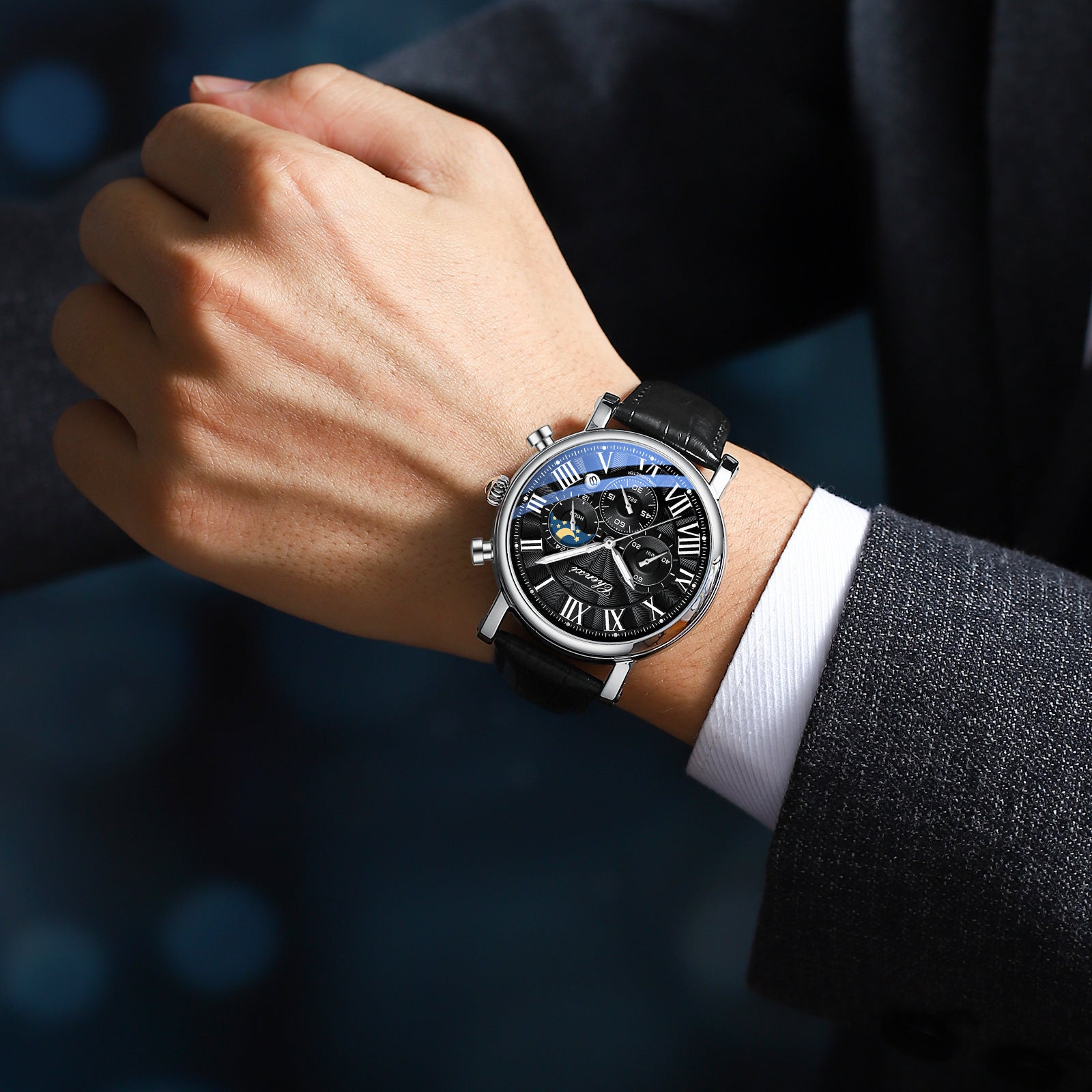 Multifonctionnel Hommes Business Moon Phase Calendrier Waterproof Watch
