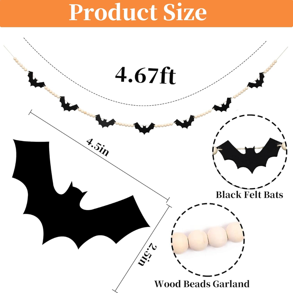 Halloween Wood & Felt Bat Garland 56 Décor de bannière de suspension intérieure pour cheminée Mantel