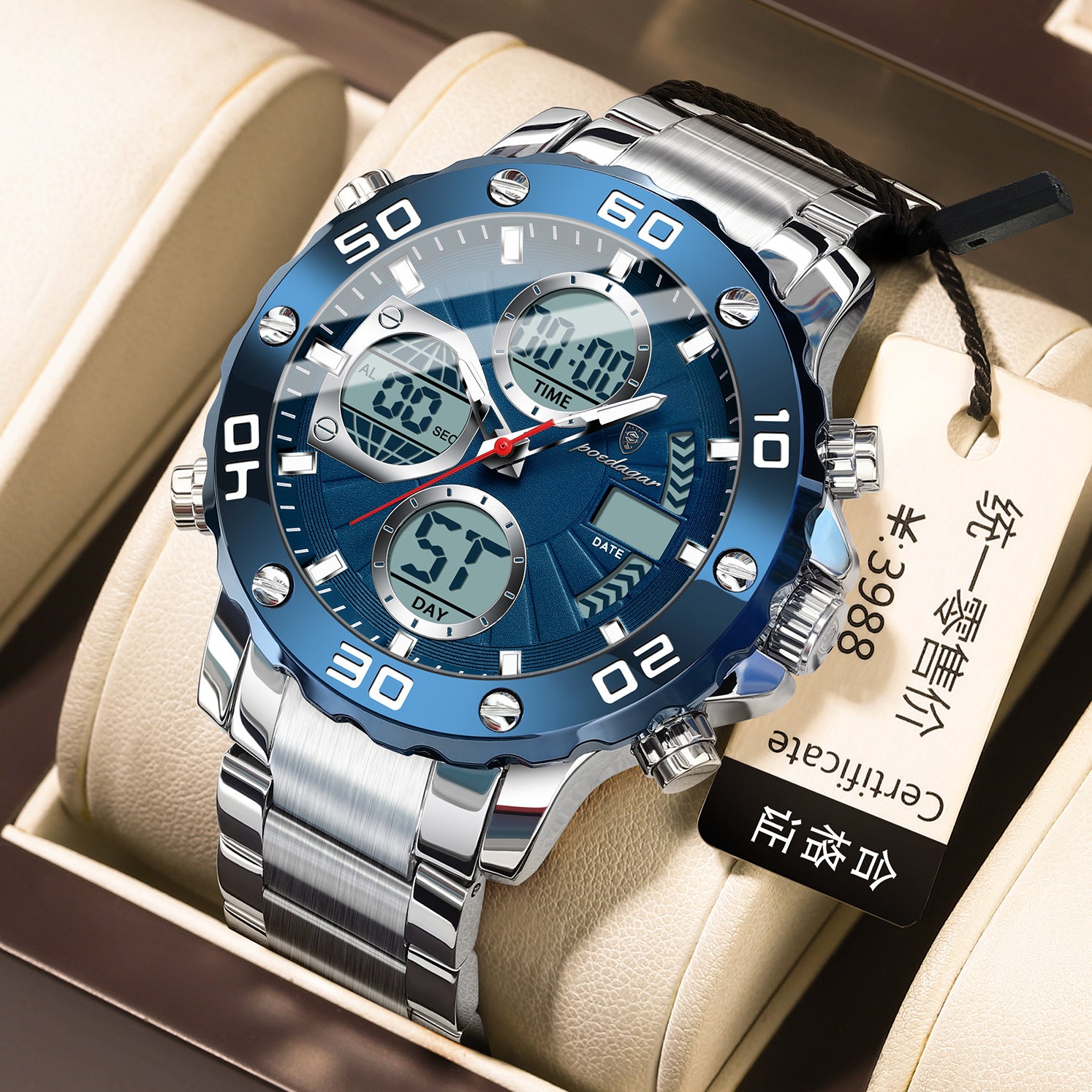Montre électronique multifonctionnelle double affichage lumineux pour hommes