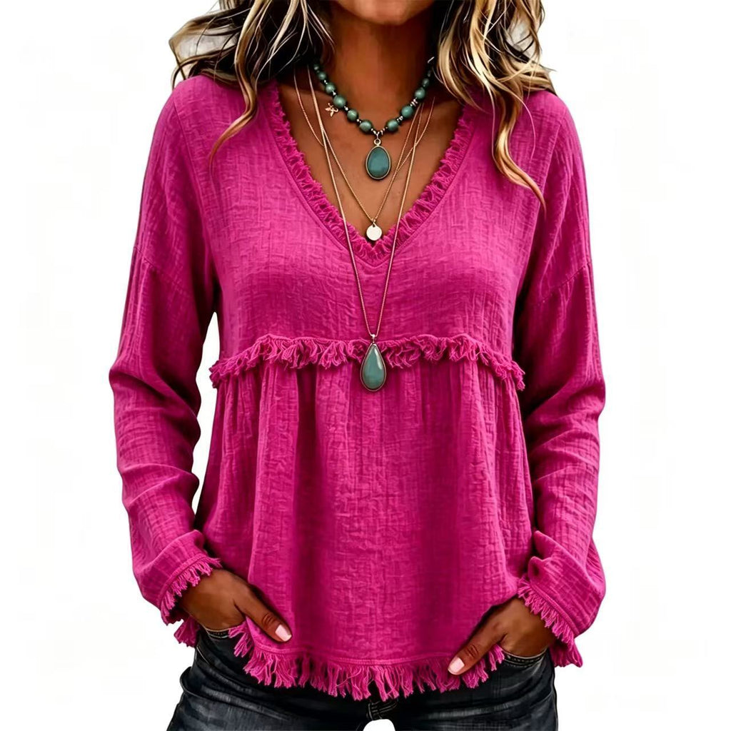 European and American Style Relaxed-fit V-neck avec manches longues fringées