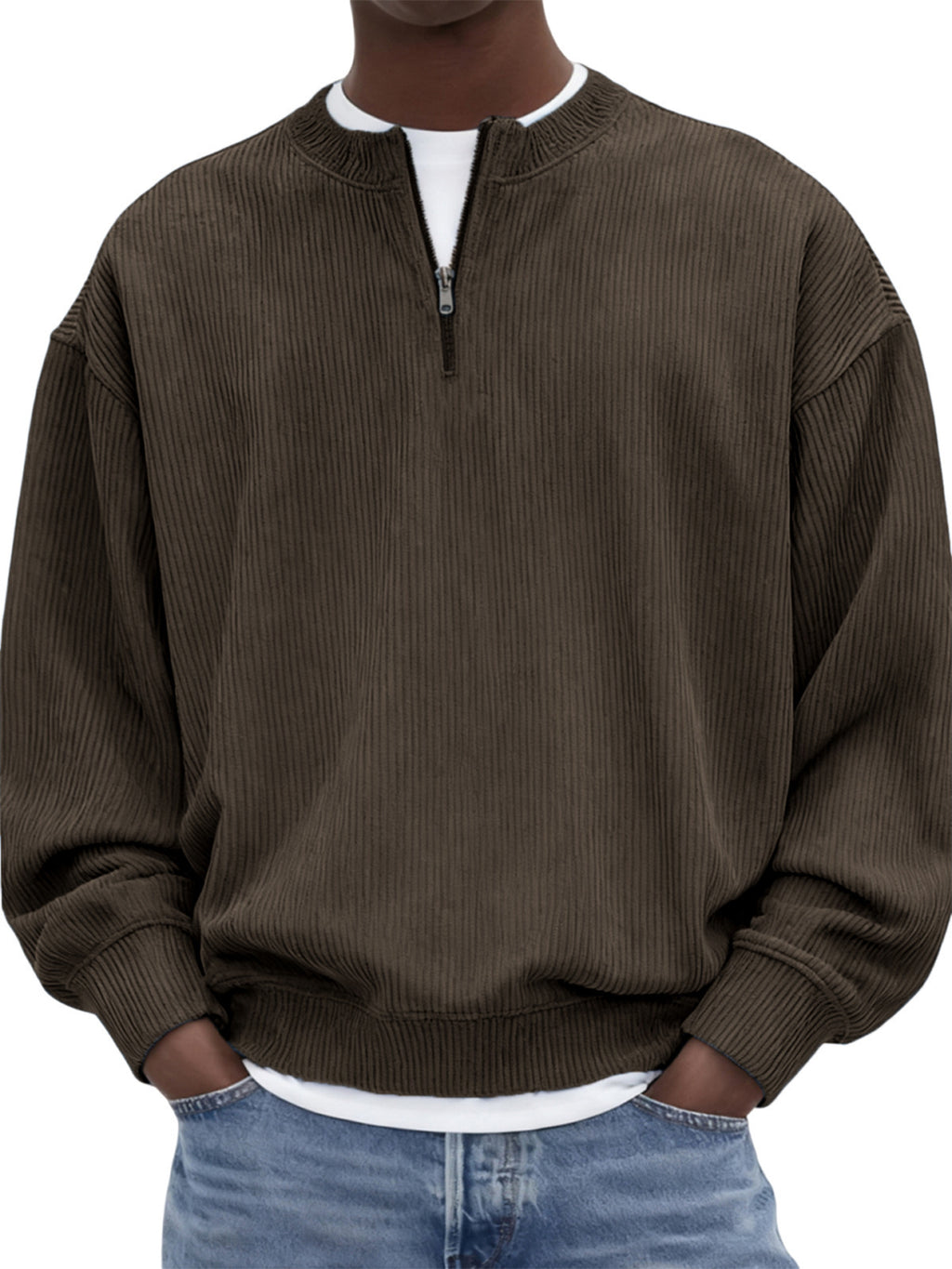 Casual hommes manches longues Corduroy Top avec un collier debout et une demi-zip