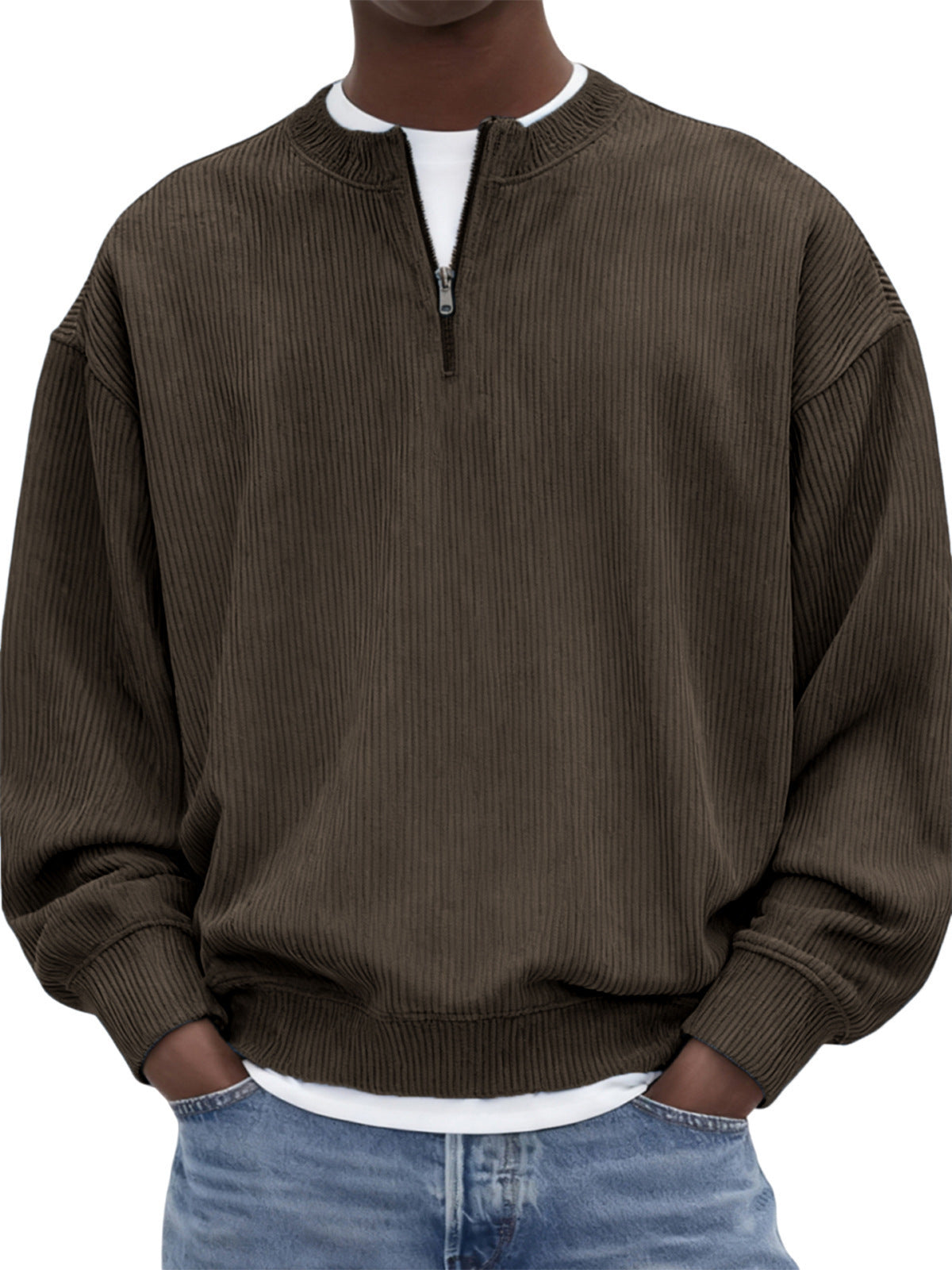 Casual hommes manches longues Corduroy Top avec un collier debout et une demi-zip