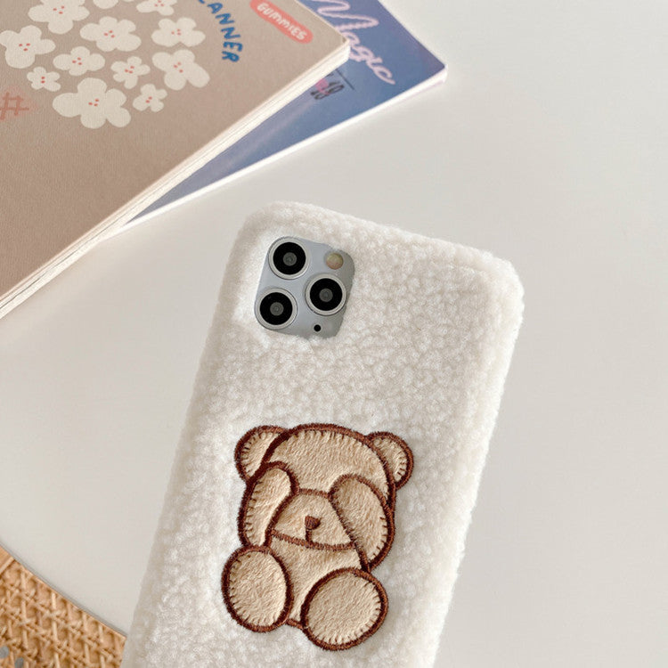 Téléphone mobile coque mignon dessin animé ours laine d'agneau velours broderie