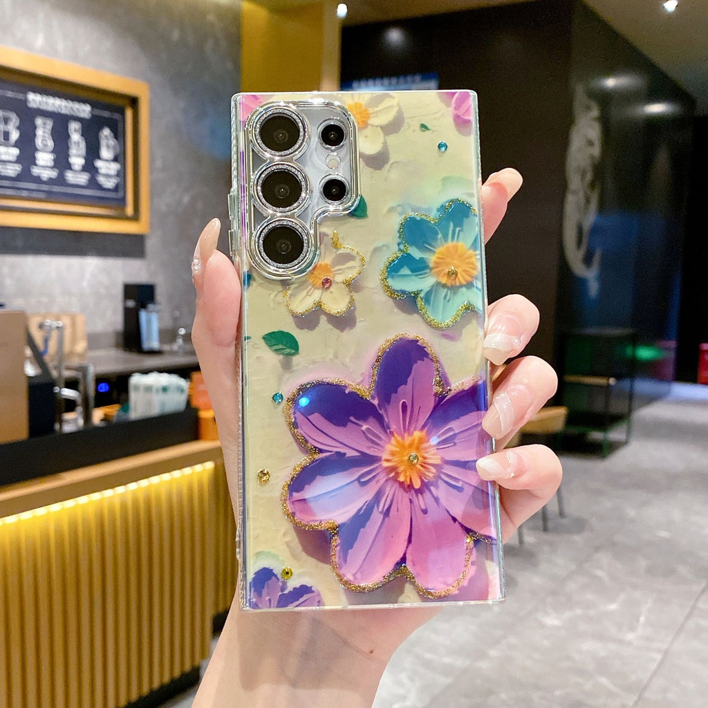 Peinture à l'huile de strass de luxe Flower Phone Case Lens Fine Hole Tout Inclus