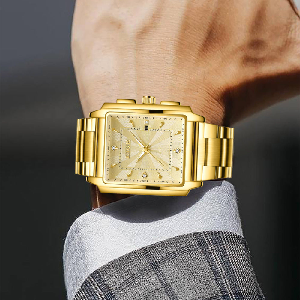 Montre simple de ceinture en acier à cadran grand carré pour hommes