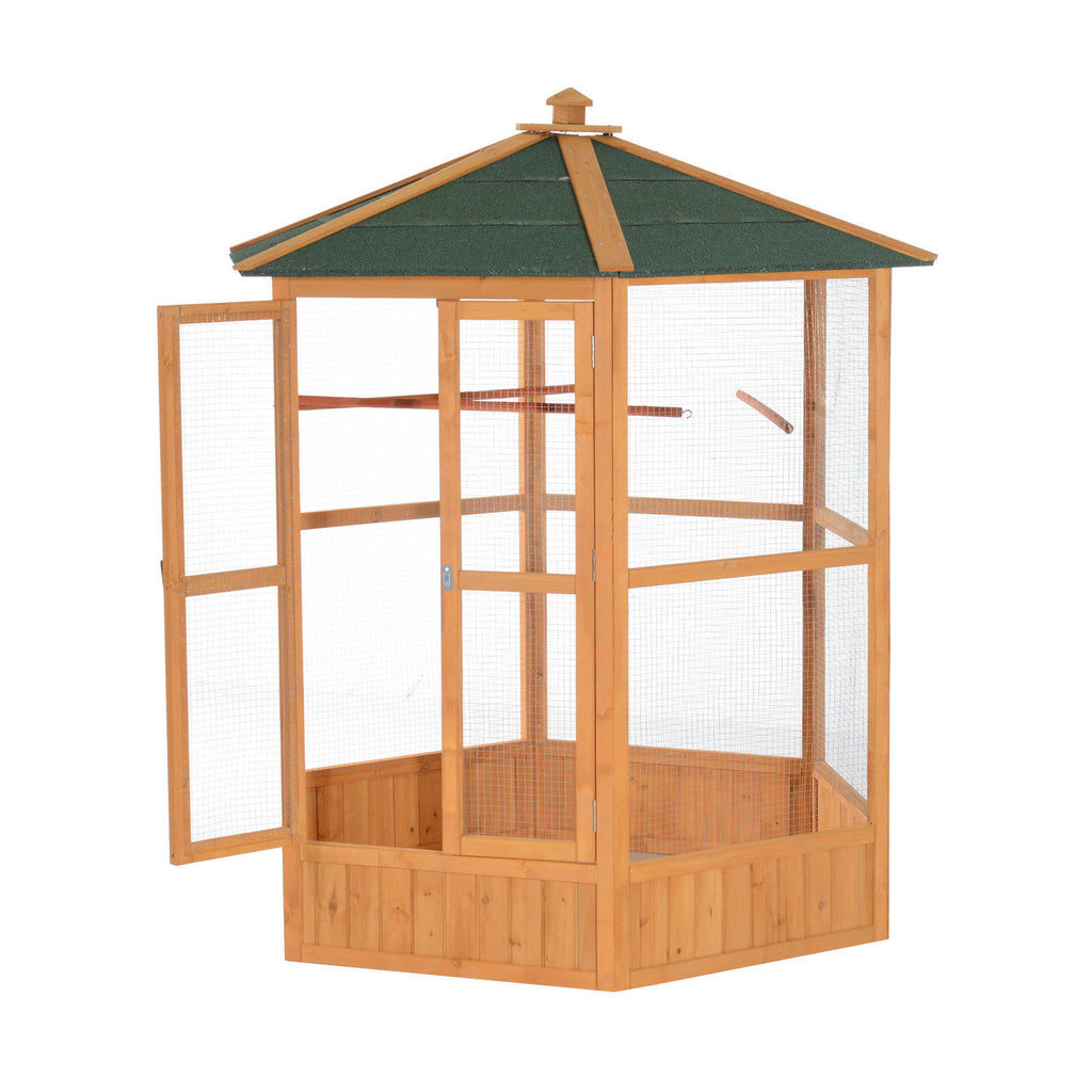 Cage d'oiseau de vol hexagonal extérieur en bois de 69 po avec toit couvert