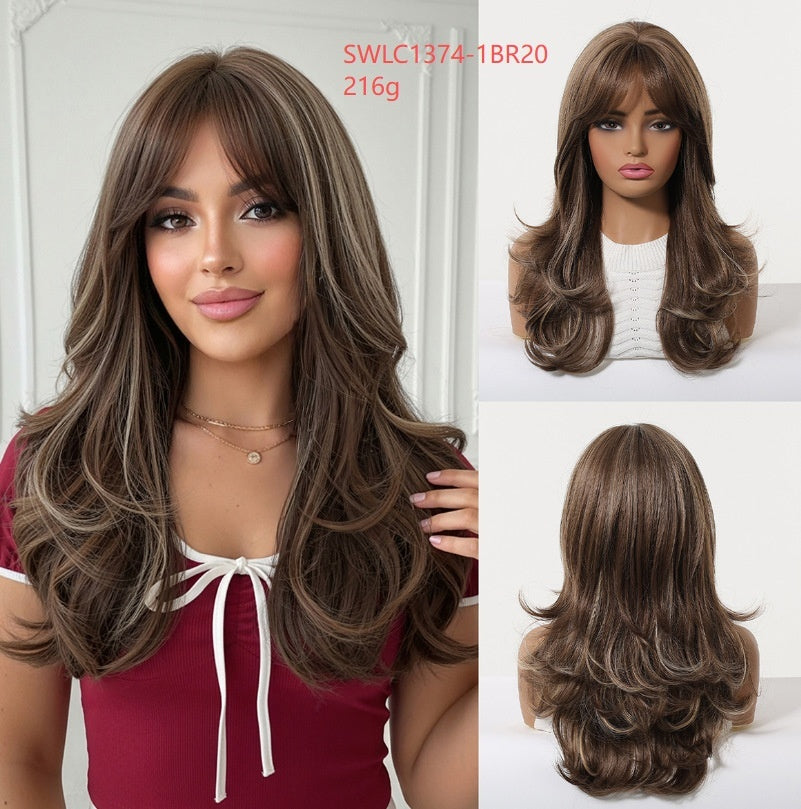 Simulation de bangs naturels à huit caractères Long Curly Wig Cap