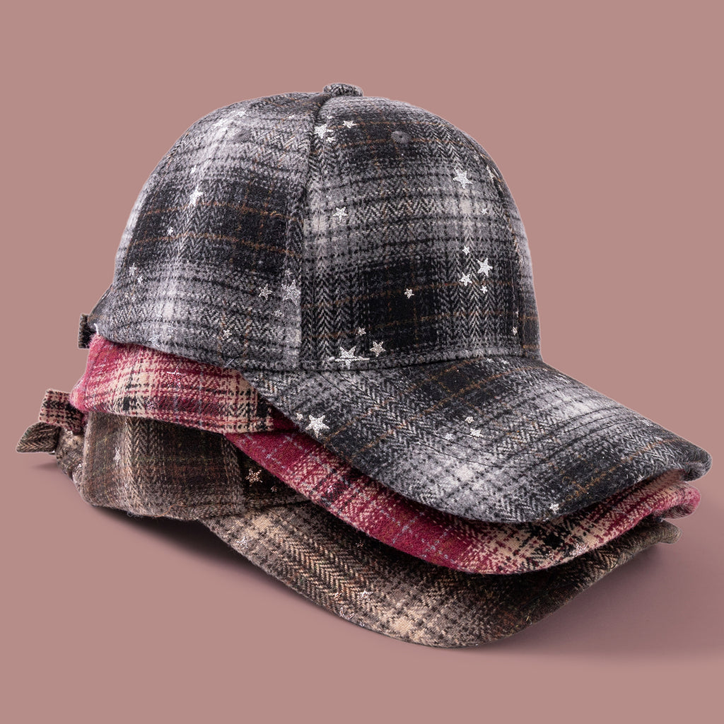 Motif de vérification de la laine Silver Glitter Star Embossed Baseball Cap