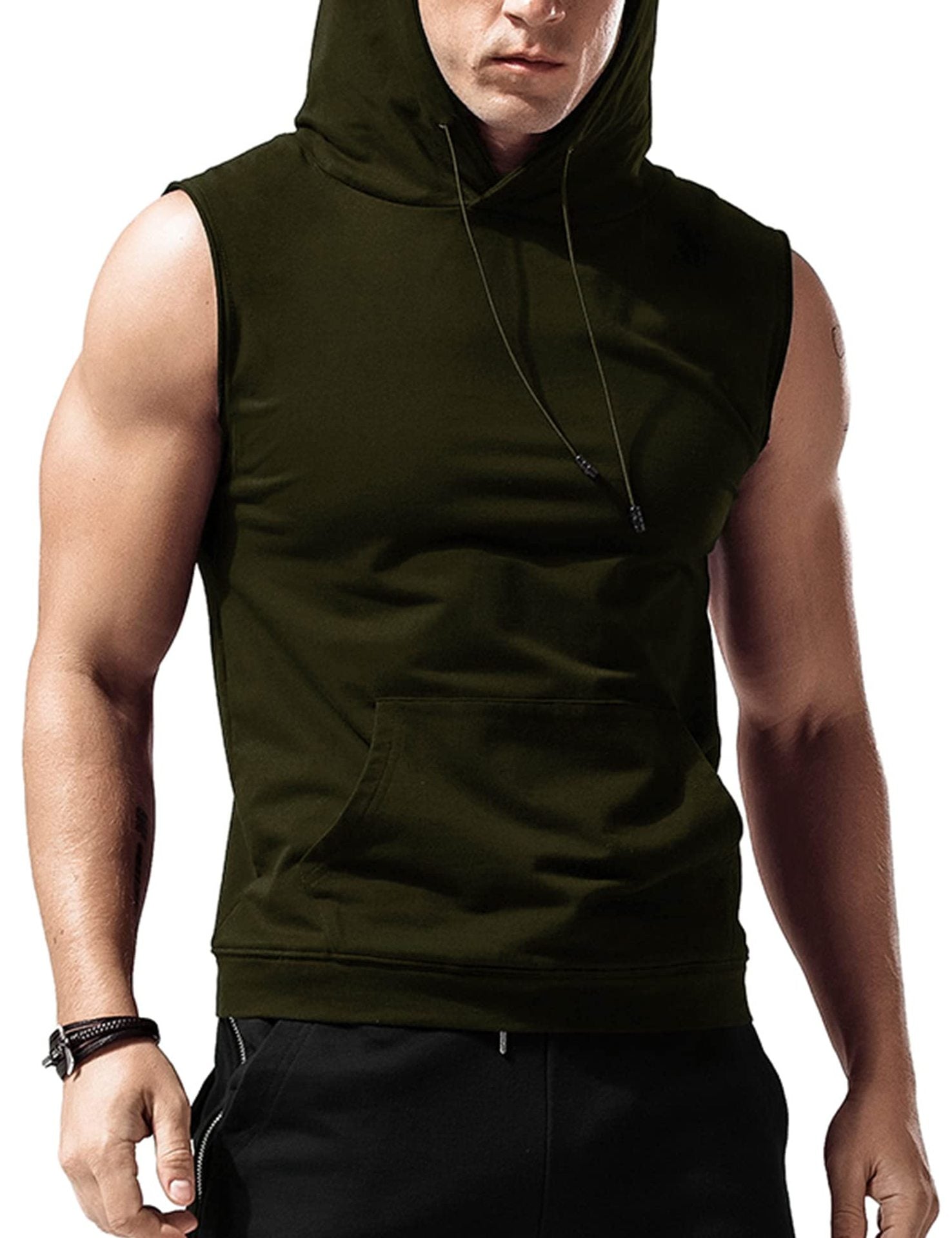 Tank pour hommes haut à capuche sans manches Loose Solid Color Pocket Fitness entraînement musculaire
