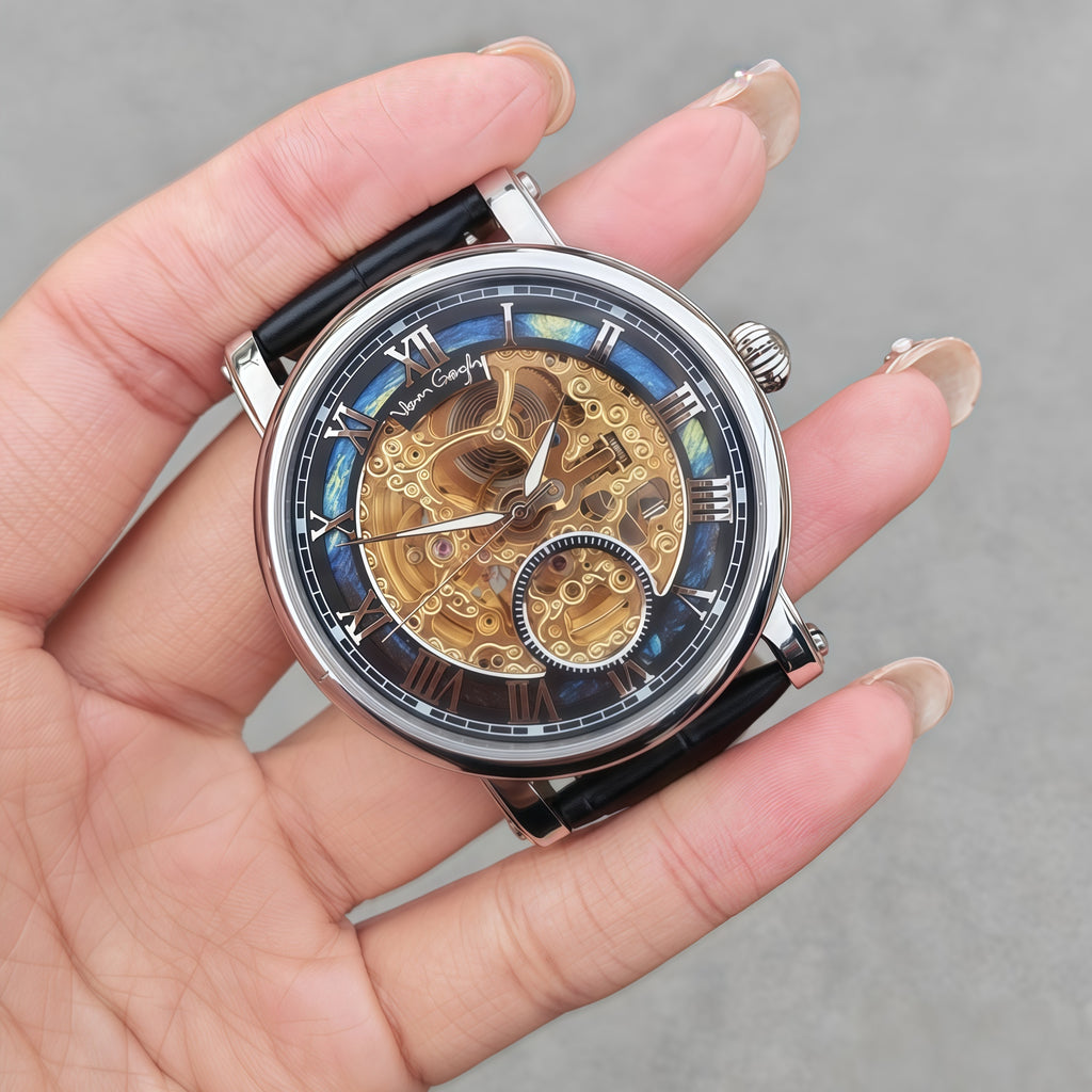 VAN GOGH Starry Night Series Cadran bleu Mouvement mécanique Skeleton Montre quotidienne étanche