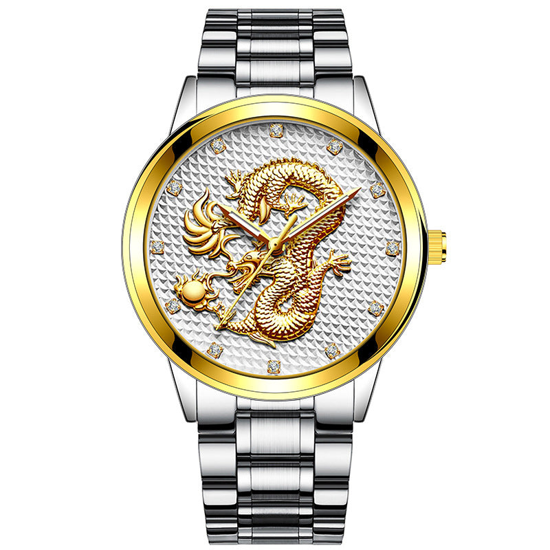 Dragon d'or embossé pour hommes jouant avec perles Diamond-inlaid Casual Business Quartz Watc