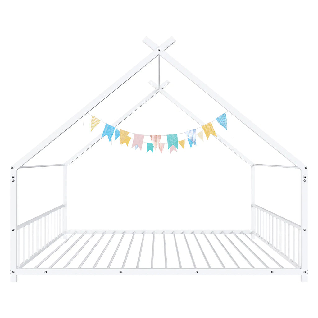 Maison de lit plat blanc en forme avec garde-corps latéraux Lit de fer pour enfants jumeaux
