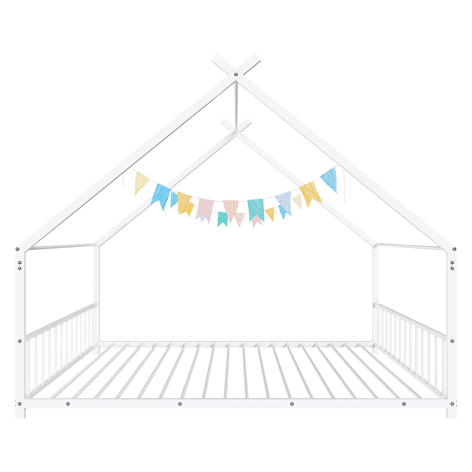 Maison de lit plat blanc en forme avec garde-corps latéraux Lit de fer pour enfants jumeaux