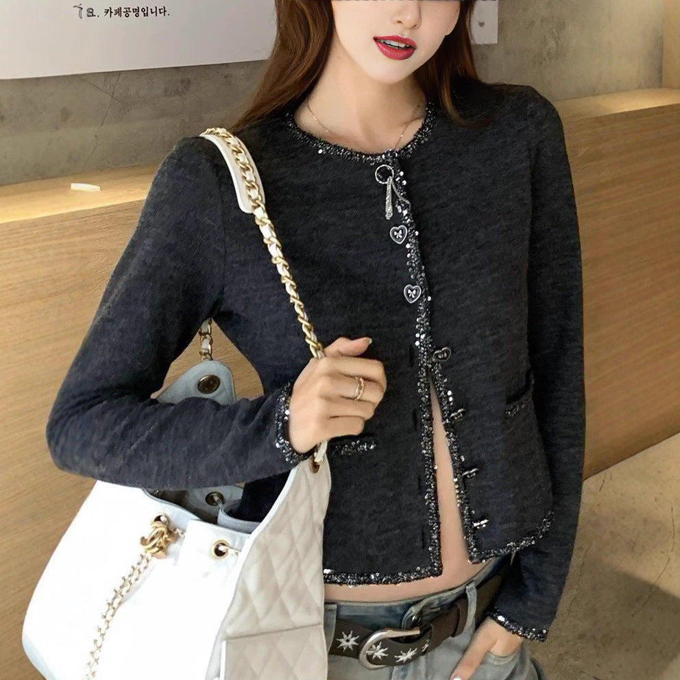 Élégante Chanel-style Designer Sequin-banded Knit Cardigan