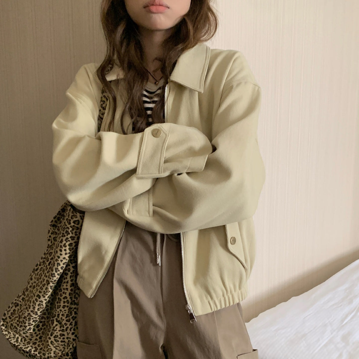 Casual Solid Couleur Lapel Longue Manche Loose Slimming Zipper Coat