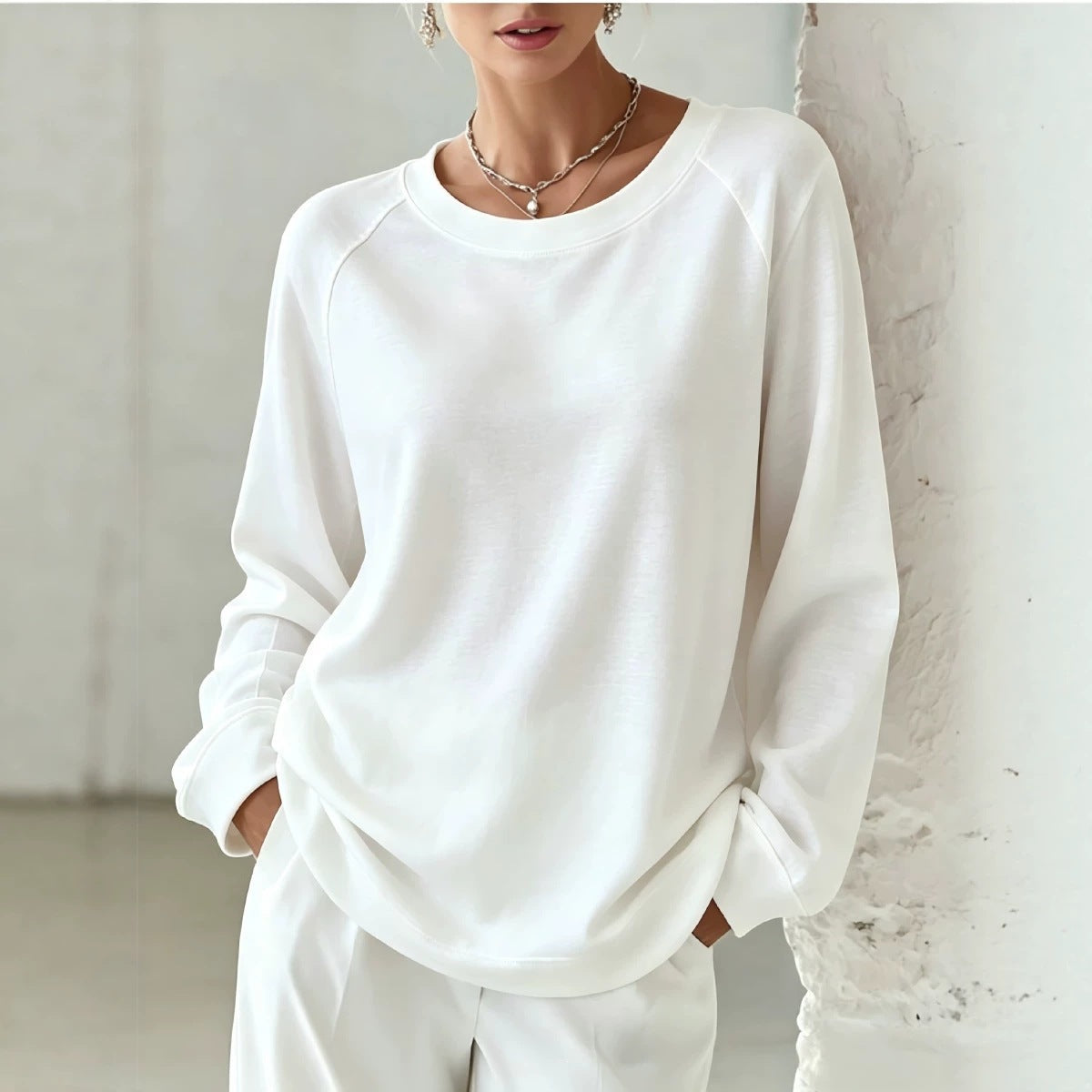Doucement coloré Loose-fitting Col rond Casual à manches longues Hoodie féminine