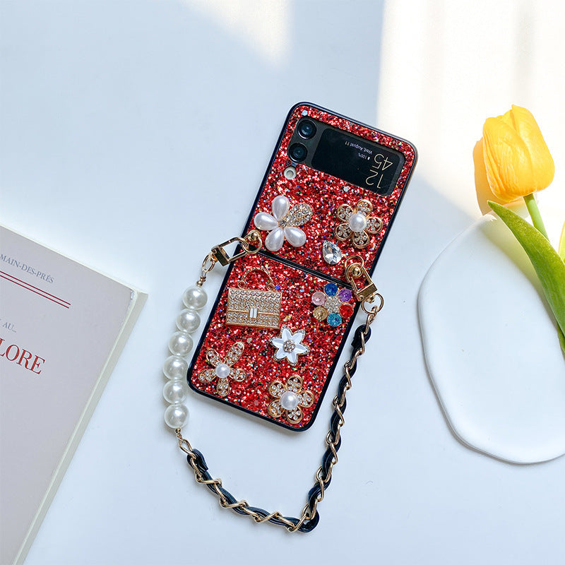 Femelle Fleur Sequin Strass Pearl Écran pliable Flip Case téléphone