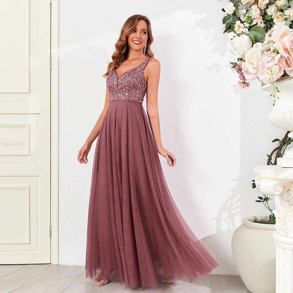 Robe de soirée à mailles pailletées Double V-Neck